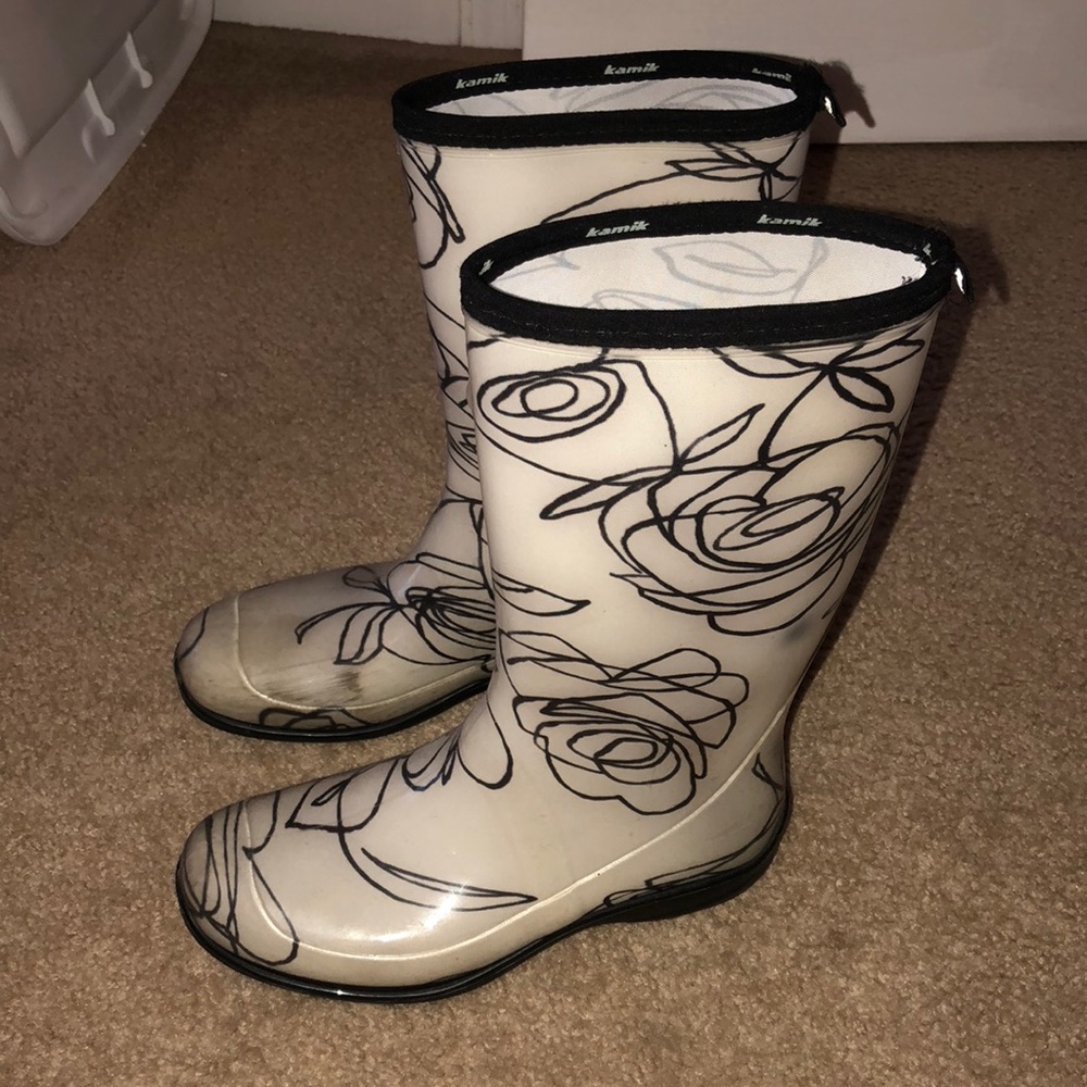 Black and white rain boots